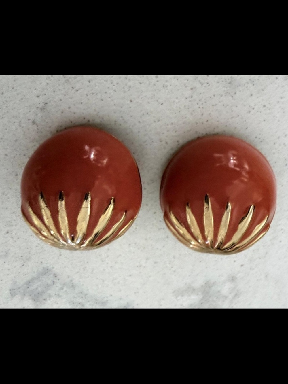 Vintage 1960s Coral Enamel & Gold Tone Sunburst Clip-On Earrings MCM Bold Color
